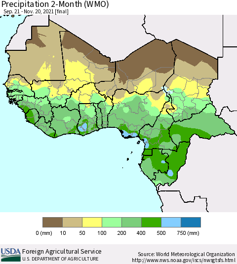 Western Africa Precipitation 2-Month (WMO) Thematic Map For 9/21/2021 - 11/20/2021