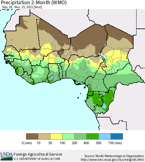 Western Africa Precipitation 2-Month (WMO) Thematic Map For 9/26/2021 - 11/25/2021