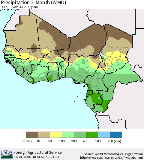 Western Africa Precipitation 2-Month (WMO) Thematic Map For 10/1/2021 - 11/30/2021
