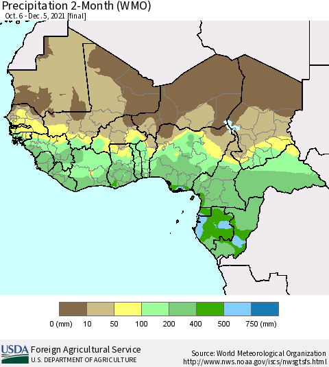 Western Africa Precipitation 2-Month (WMO) Thematic Map For 10/6/2021 - 12/5/2021