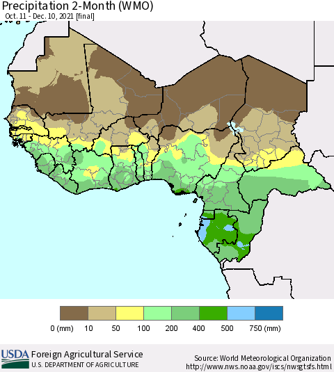 Western Africa Precipitation 2-Month (WMO) Thematic Map For 10/11/2021 - 12/10/2021