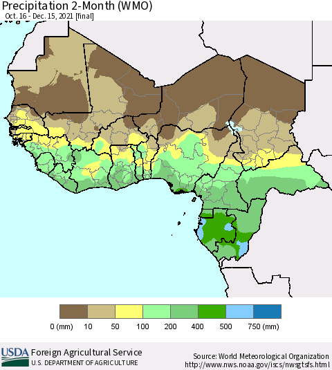 Western Africa Precipitation 2-Month (WMO) Thematic Map For 10/16/2021 - 12/15/2021