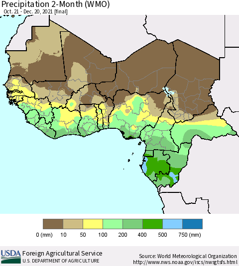 Western Africa Precipitation 2-Month (WMO) Thematic Map For 10/21/2021 - 12/20/2021