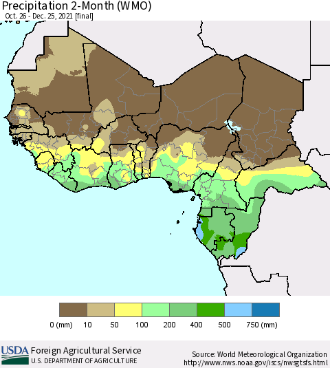 Western Africa Precipitation 2-Month (WMO) Thematic Map For 10/26/2021 - 12/25/2021