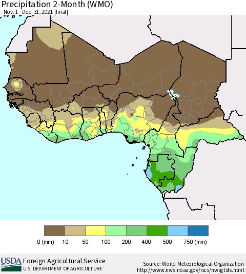 Western Africa Precipitation 2-Month (WMO) Thematic Map For 11/1/2021 - 12/31/2021
