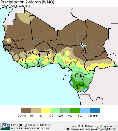 Western Africa Precipitation 2-Month (WMO) Thematic Map For 11/6/2021 - 1/5/2022