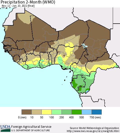 Western Africa Precipitation 2-Month (WMO) Thematic Map For 11/11/2021 - 1/10/2022