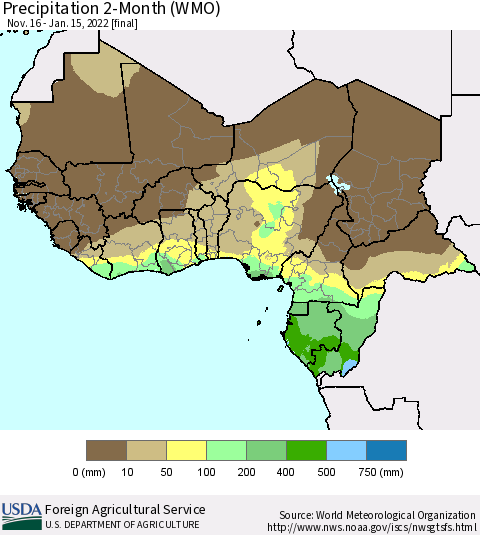 Western Africa Precipitation 2-Month (WMO) Thematic Map For 11/16/2021 - 1/15/2022