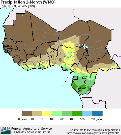 Western Africa Precipitation 2-Month (WMO) Thematic Map For 11/21/2021 - 1/20/2022