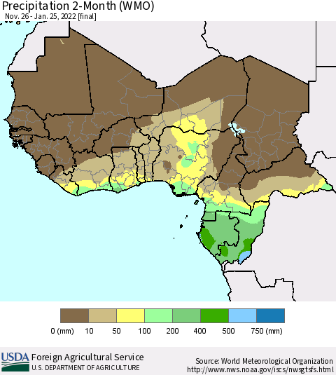 Western Africa Precipitation 2-Month (WMO) Thematic Map For 11/26/2021 - 1/25/2022