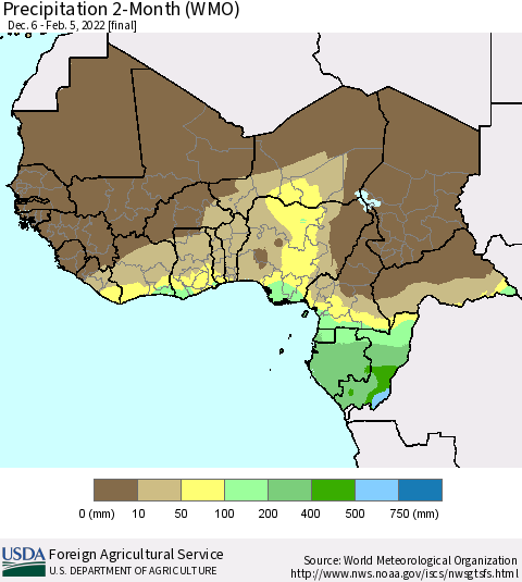 Western Africa Precipitation 2-Month (WMO) Thematic Map For 12/6/2021 - 2/5/2022