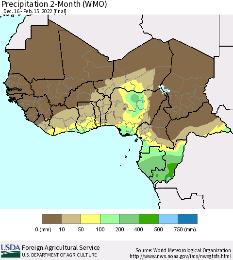 Western Africa Precipitation 2-Month (WMO) Thematic Map For 12/16/2021 - 2/15/2022