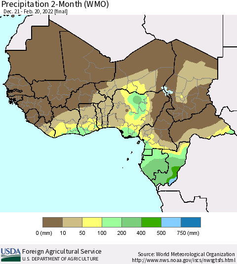 Western Africa Precipitation 2-Month (WMO) Thematic Map For 12/21/2021 - 2/20/2022
