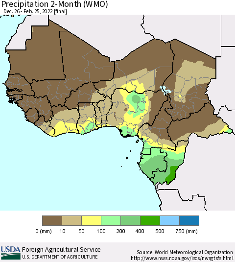 Western Africa Precipitation 2-Month (WMO) Thematic Map For 12/26/2021 - 2/25/2022