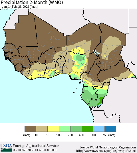 Western Africa Precipitation 2-Month (WMO) Thematic Map For 1/1/2022 - 2/28/2022