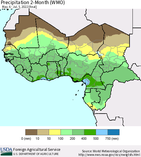Western Africa Precipitation 2-Month (WMO) Thematic Map For 5/6/2022 - 7/5/2022