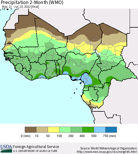 Western Africa Precipitation 2-Month (WMO) Thematic Map For 5/11/2022 - 7/10/2022