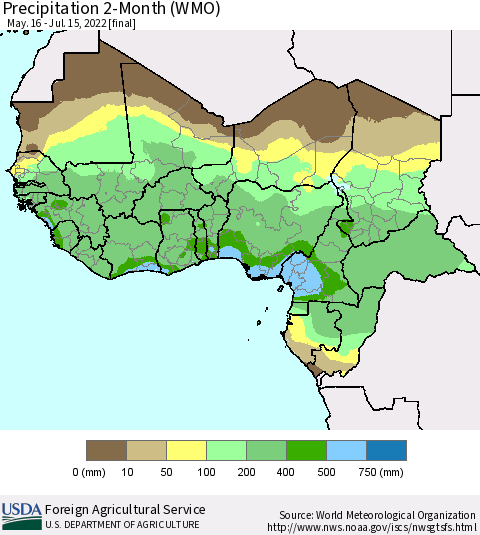 Western Africa Precipitation 2-Month (WMO) Thematic Map For 5/16/2022 - 7/15/2022