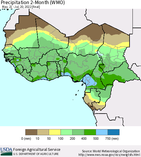 Western Africa Precipitation 2-Month (WMO) Thematic Map For 5/21/2022 - 7/20/2022