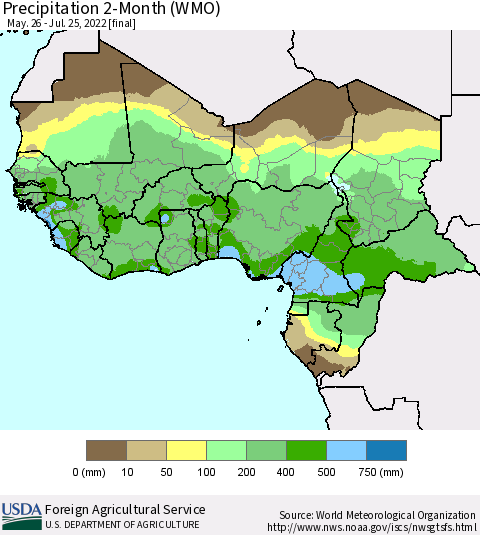 Western Africa Precipitation 2-Month (WMO) Thematic Map For 5/26/2022 - 7/25/2022