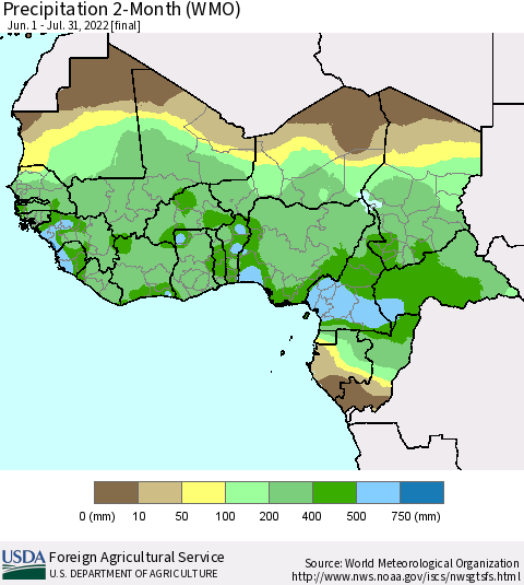 Western Africa Precipitation 2-Month (WMO) Thematic Map For 6/1/2022 - 7/31/2022