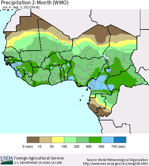 Western Africa Precipitation 2-Month (WMO) Thematic Map For 6/6/2022 - 8/5/2022