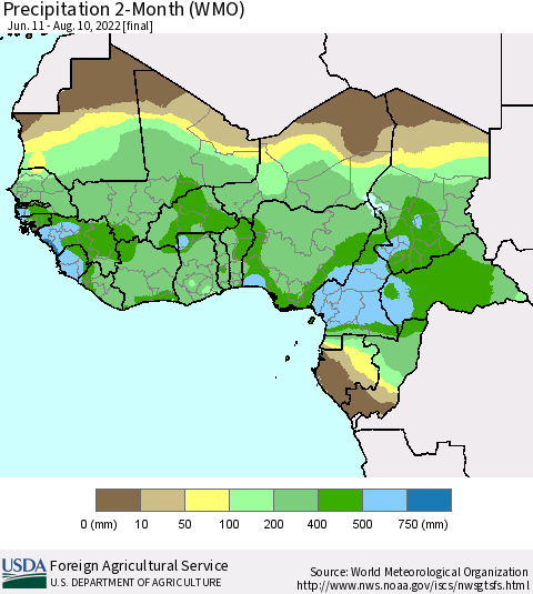 Western Africa Precipitation 2-Month (WMO) Thematic Map For 6/11/2022 - 8/10/2022