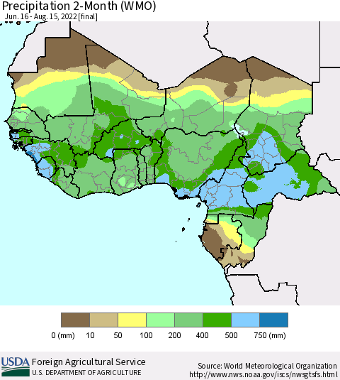 Western Africa Precipitation 2-Month (WMO) Thematic Map For 6/16/2022 - 8/15/2022
