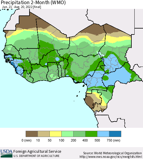 Western Africa Precipitation 2-Month (WMO) Thematic Map For 6/21/2022 - 8/20/2022