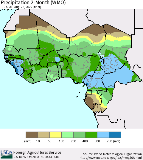Western Africa Precipitation 2-Month (WMO) Thematic Map For 6/26/2022 - 8/25/2022