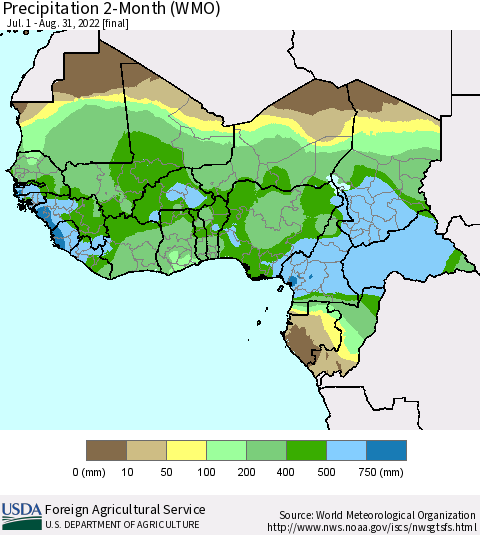 Western Africa Precipitation 2-Month (WMO) Thematic Map For 7/1/2022 - 8/31/2022