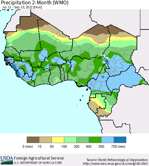 Western Africa Precipitation 2-Month (WMO) Thematic Map For 7/11/2022 - 9/10/2022