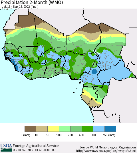 Western Africa Precipitation 2-Month (WMO) Thematic Map For 7/16/2022 - 9/15/2022