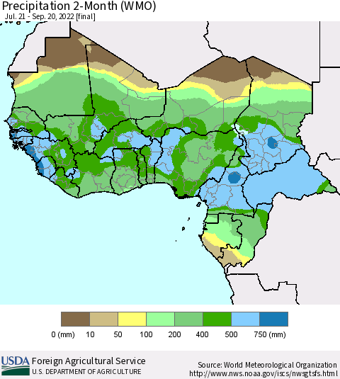 Western Africa Precipitation 2-Month (WMO) Thematic Map For 7/21/2022 - 9/20/2022