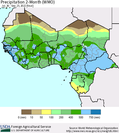 Western Africa Precipitation 2-Month (WMO) Thematic Map For 7/26/2022 - 9/25/2022