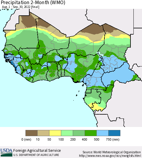 Western Africa Precipitation 2-Month (WMO) Thematic Map For 8/1/2022 - 9/30/2022