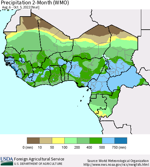 Western Africa Precipitation 2-Month (WMO) Thematic Map For 8/6/2022 - 10/5/2022