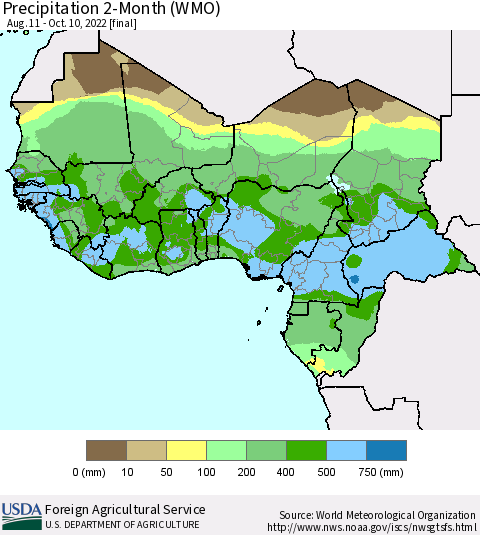 Western Africa Precipitation 2-Month (WMO) Thematic Map For 8/11/2022 - 10/10/2022
