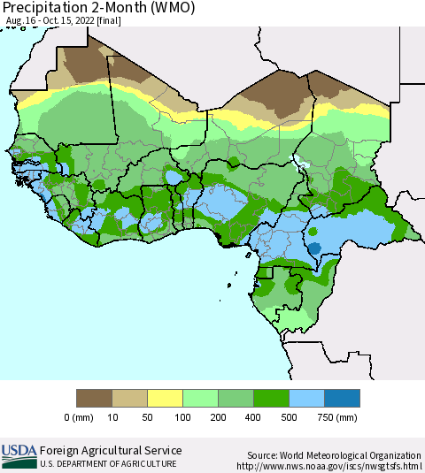 Western Africa Precipitation 2-Month (WMO) Thematic Map For 8/16/2022 - 10/15/2022