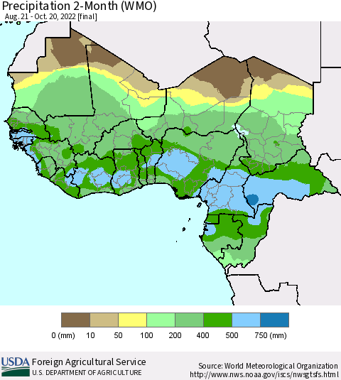 Western Africa Precipitation 2-Month (WMO) Thematic Map For 8/21/2022 - 10/20/2022