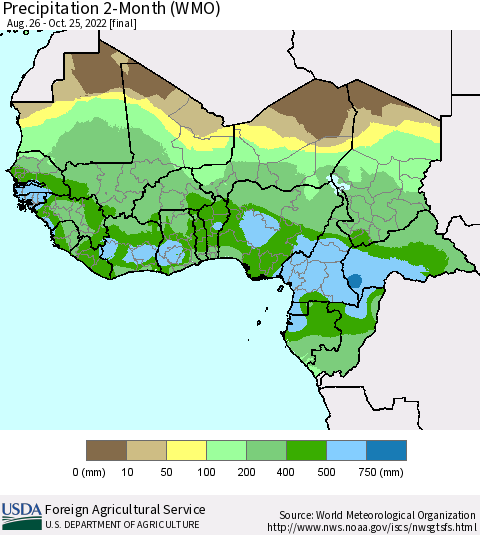 Western Africa Precipitation 2-Month (WMO) Thematic Map For 8/26/2022 - 10/25/2022