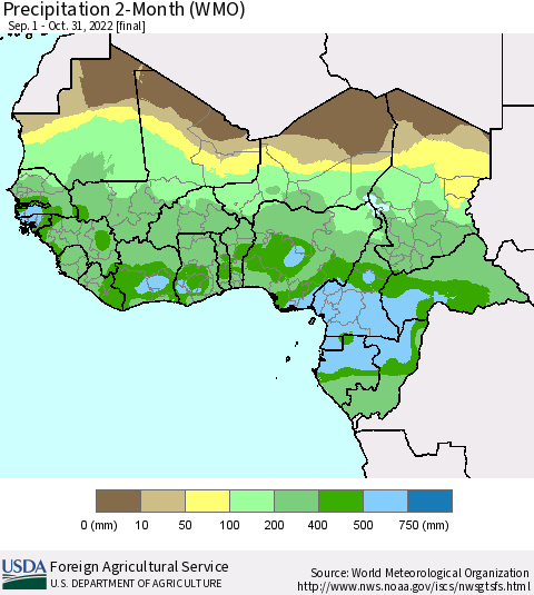 Western Africa Precipitation 2-Month (WMO) Thematic Map For 9/1/2022 - 10/31/2022