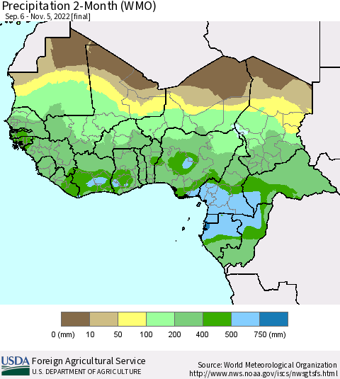 Western Africa Precipitation 2-Month (WMO) Thematic Map For 9/6/2022 - 11/5/2022
