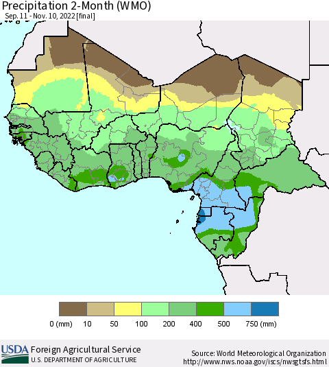 Western Africa Precipitation 2-Month (WMO) Thematic Map For 9/11/2022 - 11/10/2022