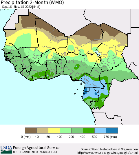 Western Africa Precipitation 2-Month (WMO) Thematic Map For 9/16/2022 - 11/15/2022