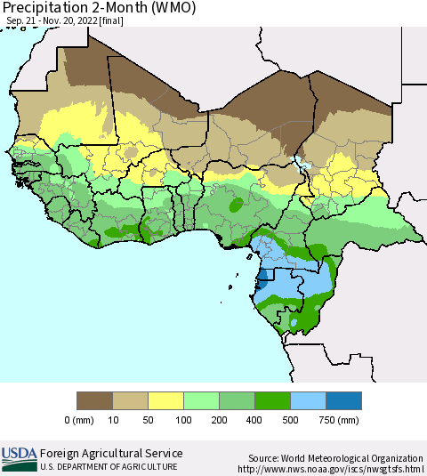 Western Africa Precipitation 2-Month (WMO) Thematic Map For 9/21/2022 - 11/20/2022