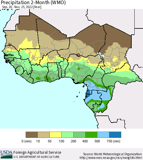 Western Africa Precipitation 2-Month (WMO) Thematic Map For 9/26/2022 - 11/25/2022