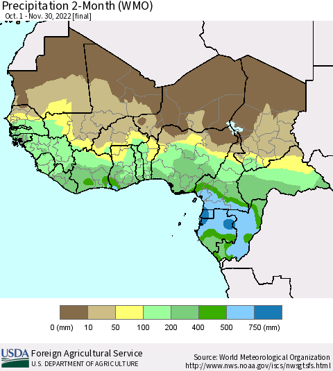 Western Africa Precipitation 2-Month (WMO) Thematic Map For 10/1/2022 - 11/30/2022