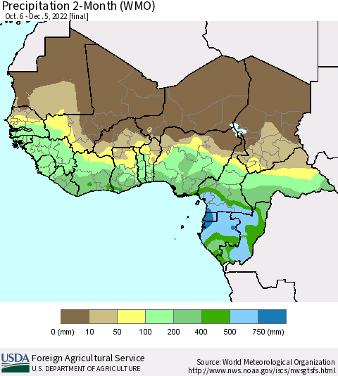 Western Africa Precipitation 2-Month (WMO) Thematic Map For 10/6/2022 - 12/5/2022