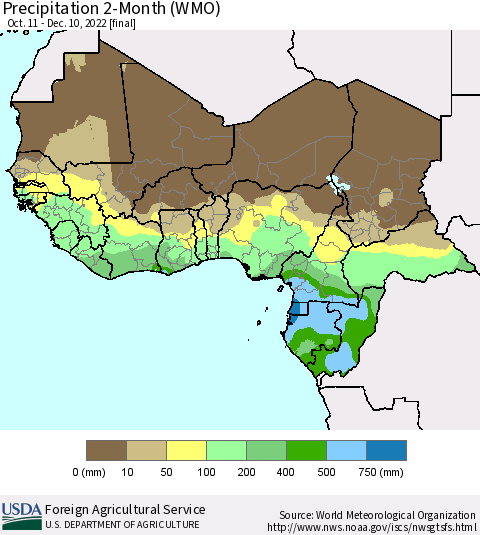 Western Africa Precipitation 2-Month (WMO) Thematic Map For 10/11/2022 - 12/10/2022